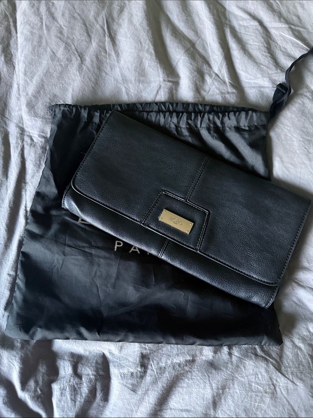BCBG Paris Black Leather Clutch with Gold Plate
